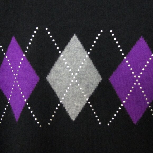Argyle CASHMERE Intarsia Pullover Sweater Black Purple Gray Knit Plaid - Picture 2 of 11